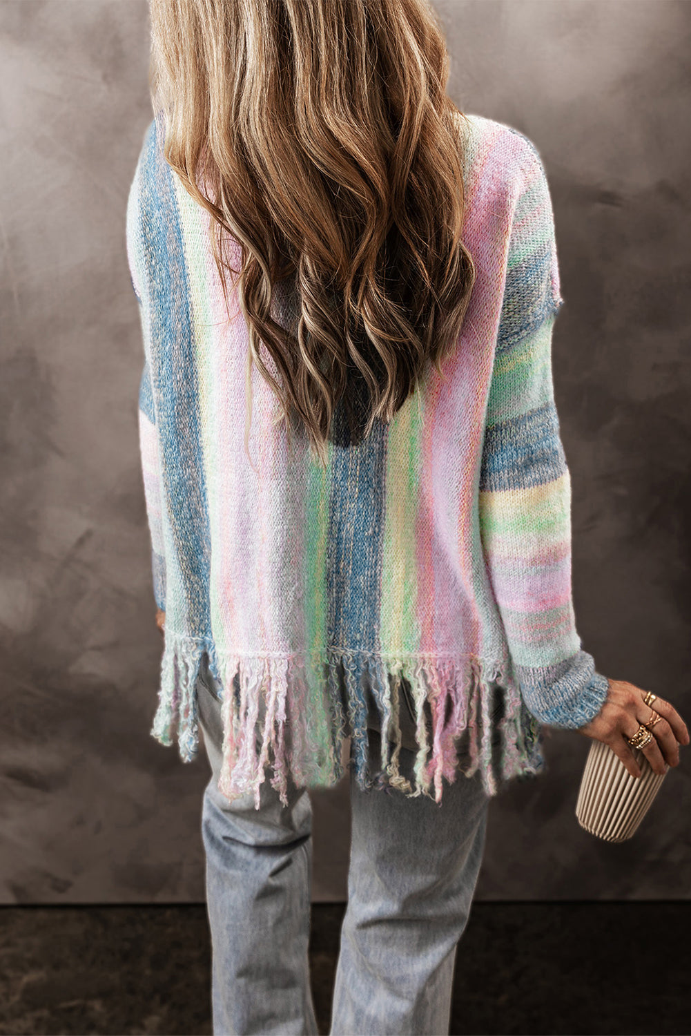 Lila farbe block fransen drop shoulder tunika pullover