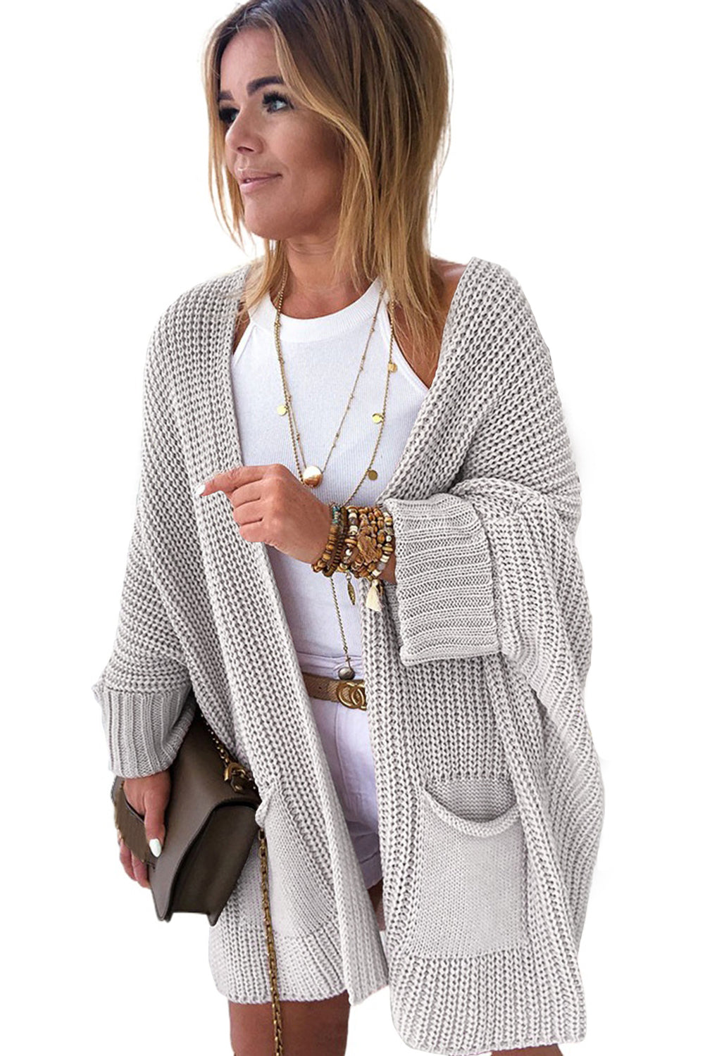 Grauer übergroßer pullover mit umgeschlagenen ärmeln cardigan