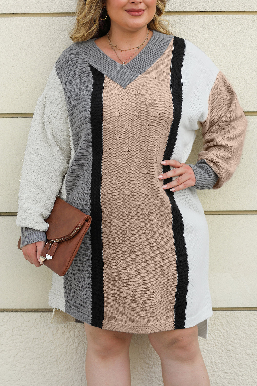 Aprikose gemischte boucl farbe block plus größe pullover kleid