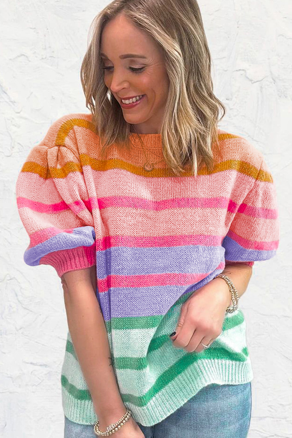 Rose red bunte streifen bubble short sleeve pullover