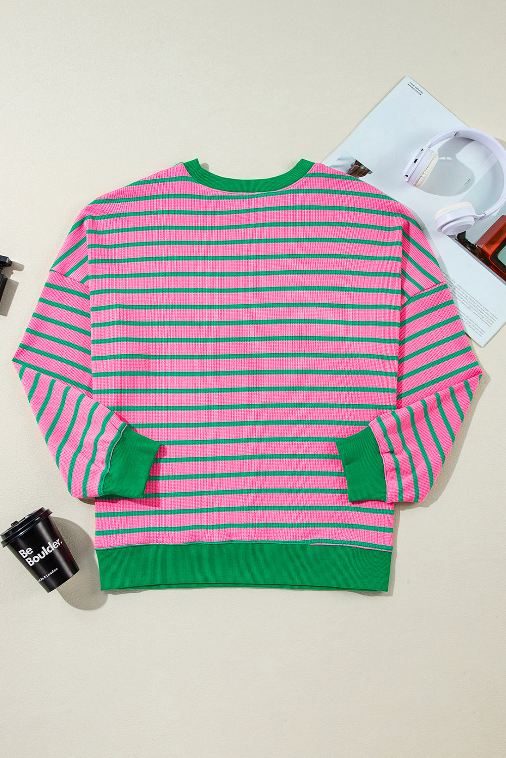 Rosa streifen waffel stricken rundhalsausschnitt plus größe pullover