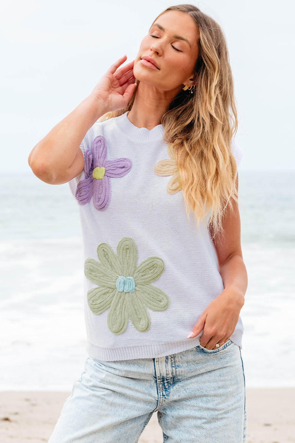 Weiß multi häkeln blume stricken kurze ärmel pullover tops