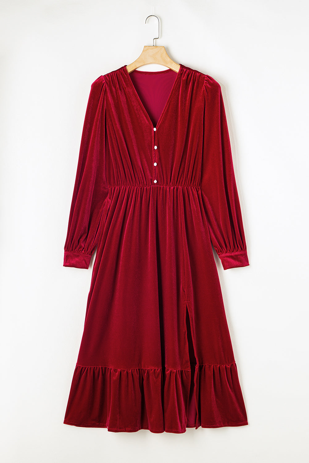 Racing rotes samtkleid mit geknöpften puffärmeln und geteiltem midikleid mit v-ausschnitt