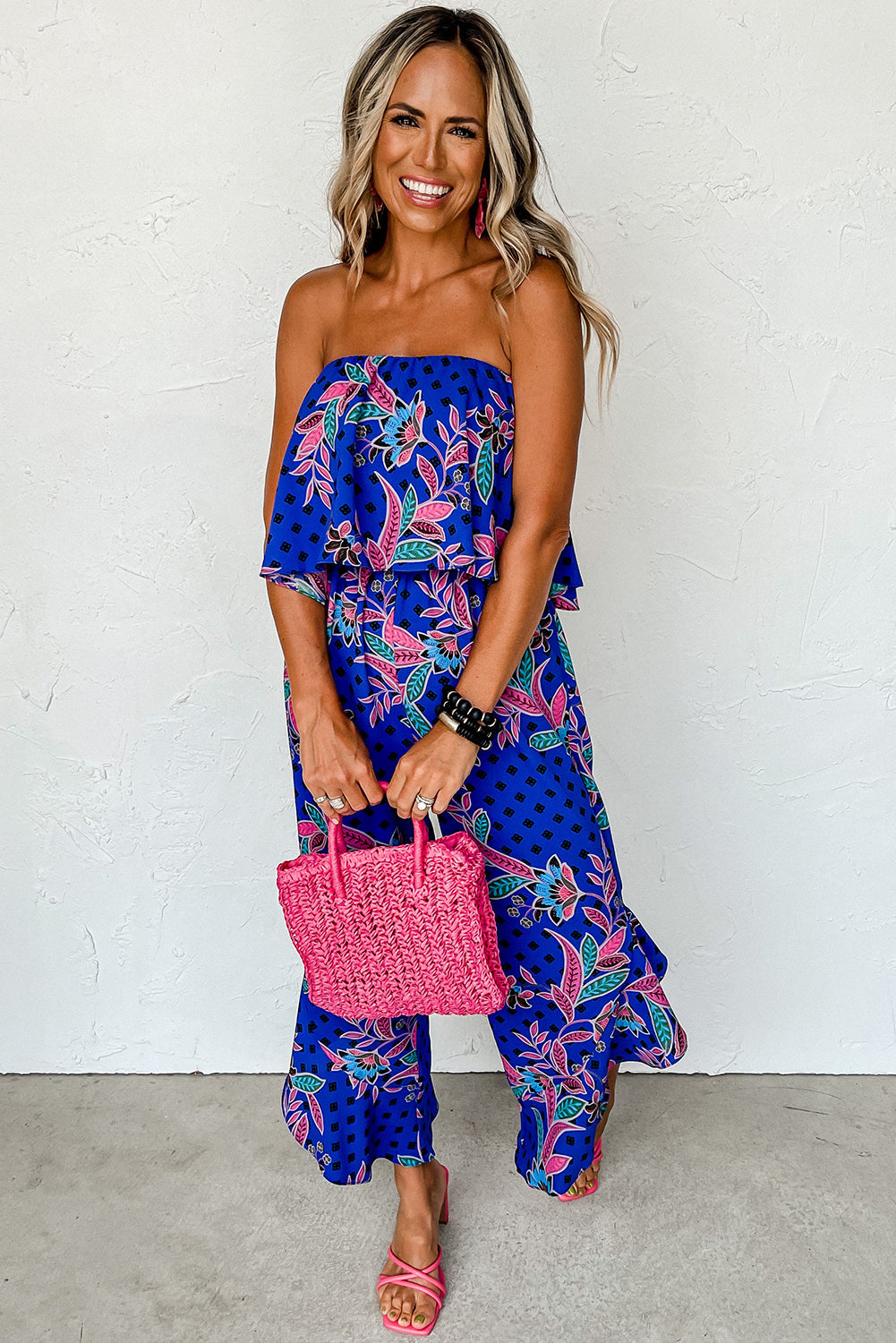 Blue mix tropical print trägerloser geraffter jumpsuit