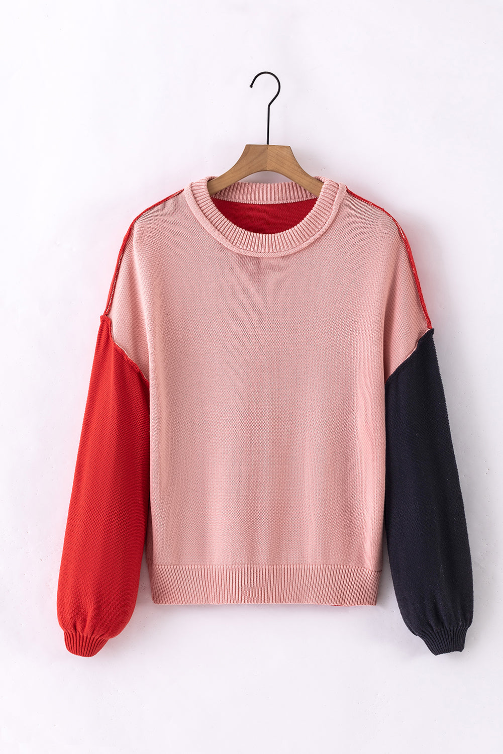 Rosa Colorblock Pullover mit gerippten Ärmeln