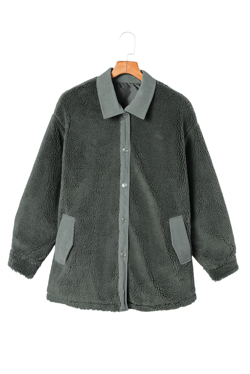 Graue sherpa jacke mit cordbesatz und ellbogenaufnäher