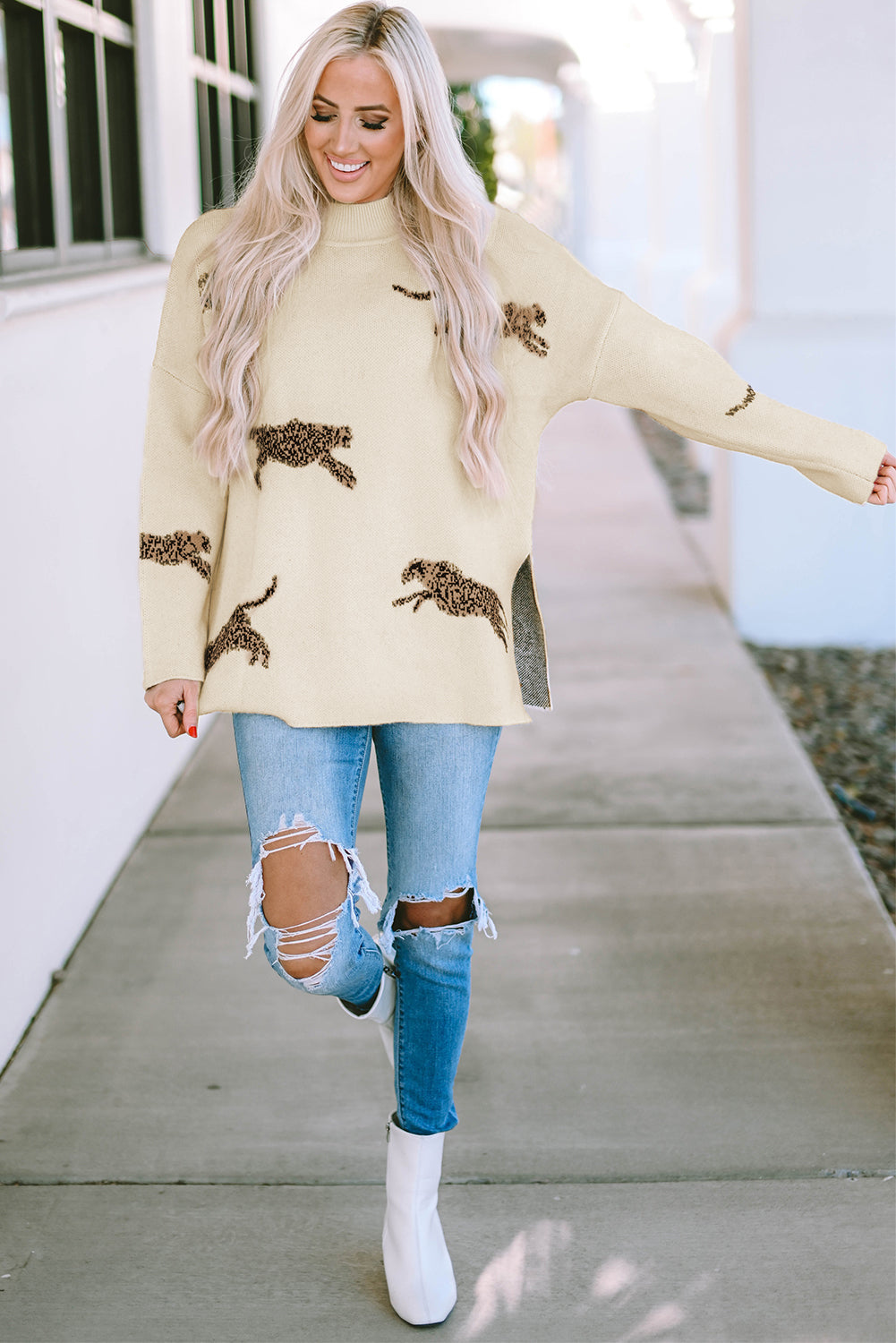 Pergament lebendiger geparden-print pullover mit hohem ausschnitt und geteiltem saum