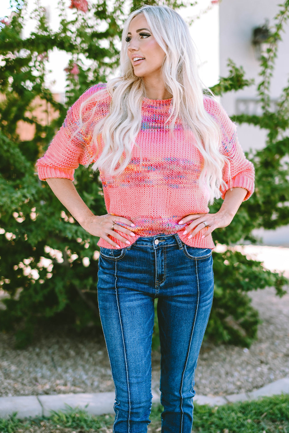 Rose bunte streifen 3/4 ärmel lose pullover