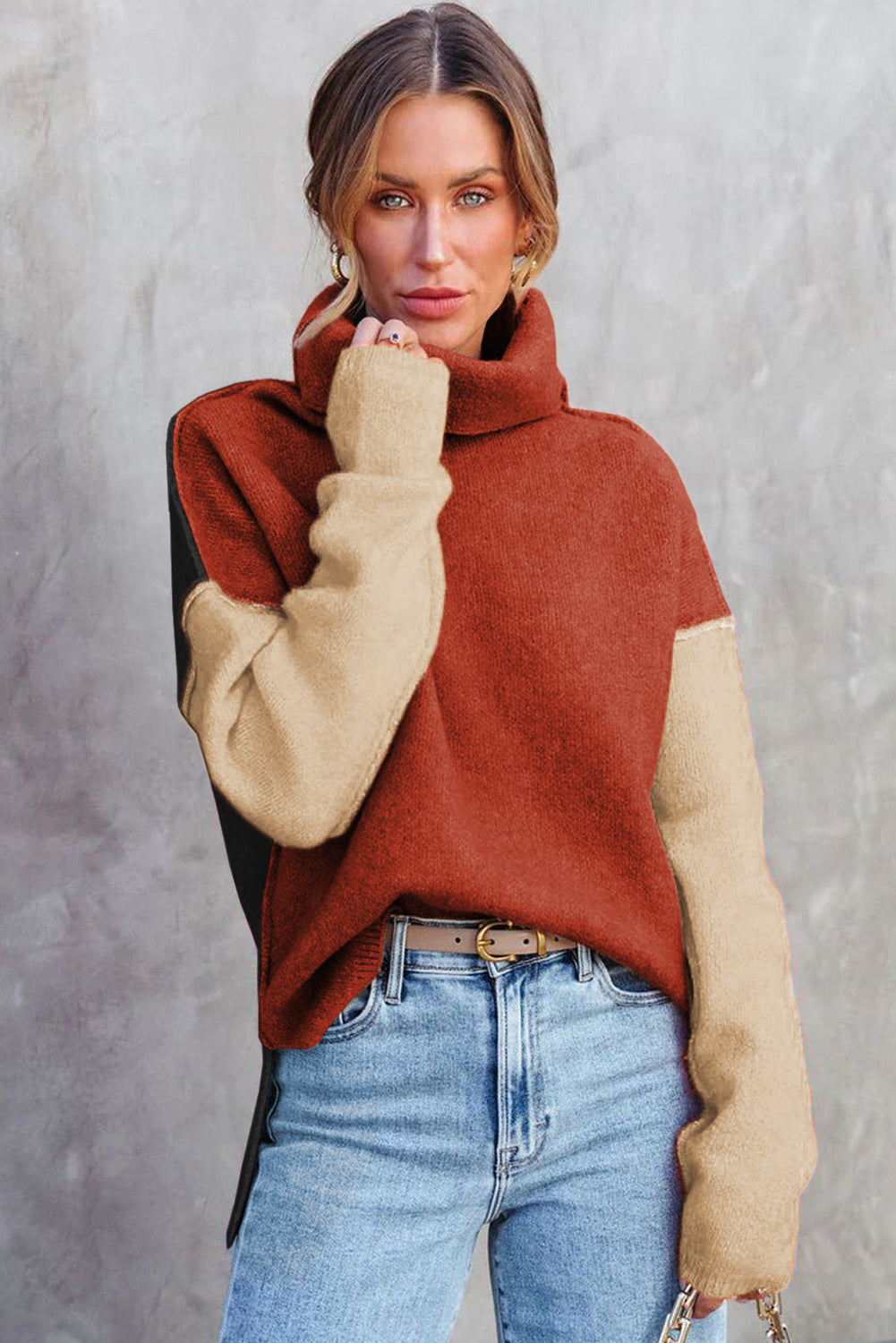 Clay roter farbblock-rollkragenpullover mit tropfenschulter-strickpullover