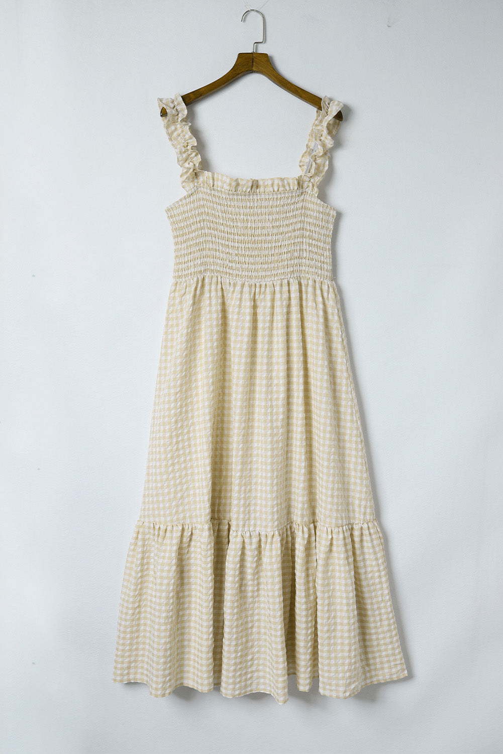 Khaki kariertes Maxikleid mit gerafften Ärmeln und Smokings
