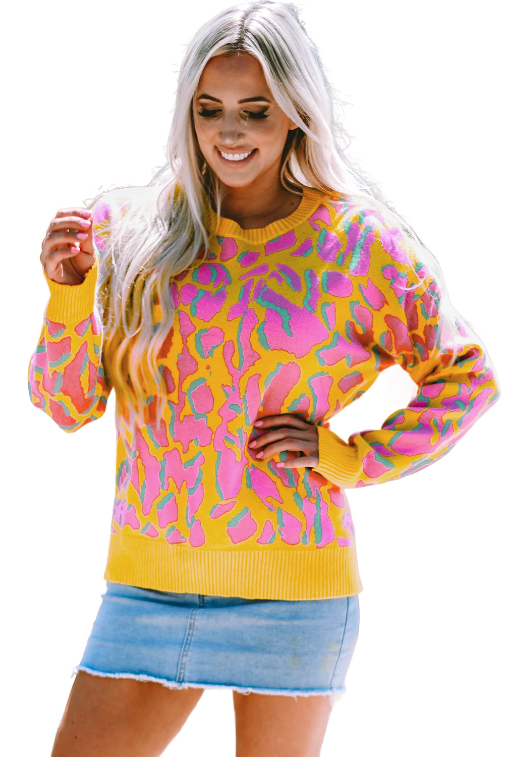 Vitality orange abstrakte druck gerippte trim baggy pullover