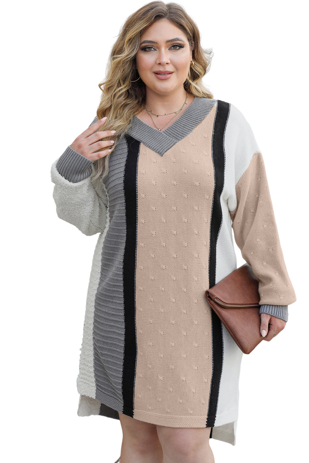 Aprikose gemischte boucl farbe block plus größe pullover kleid