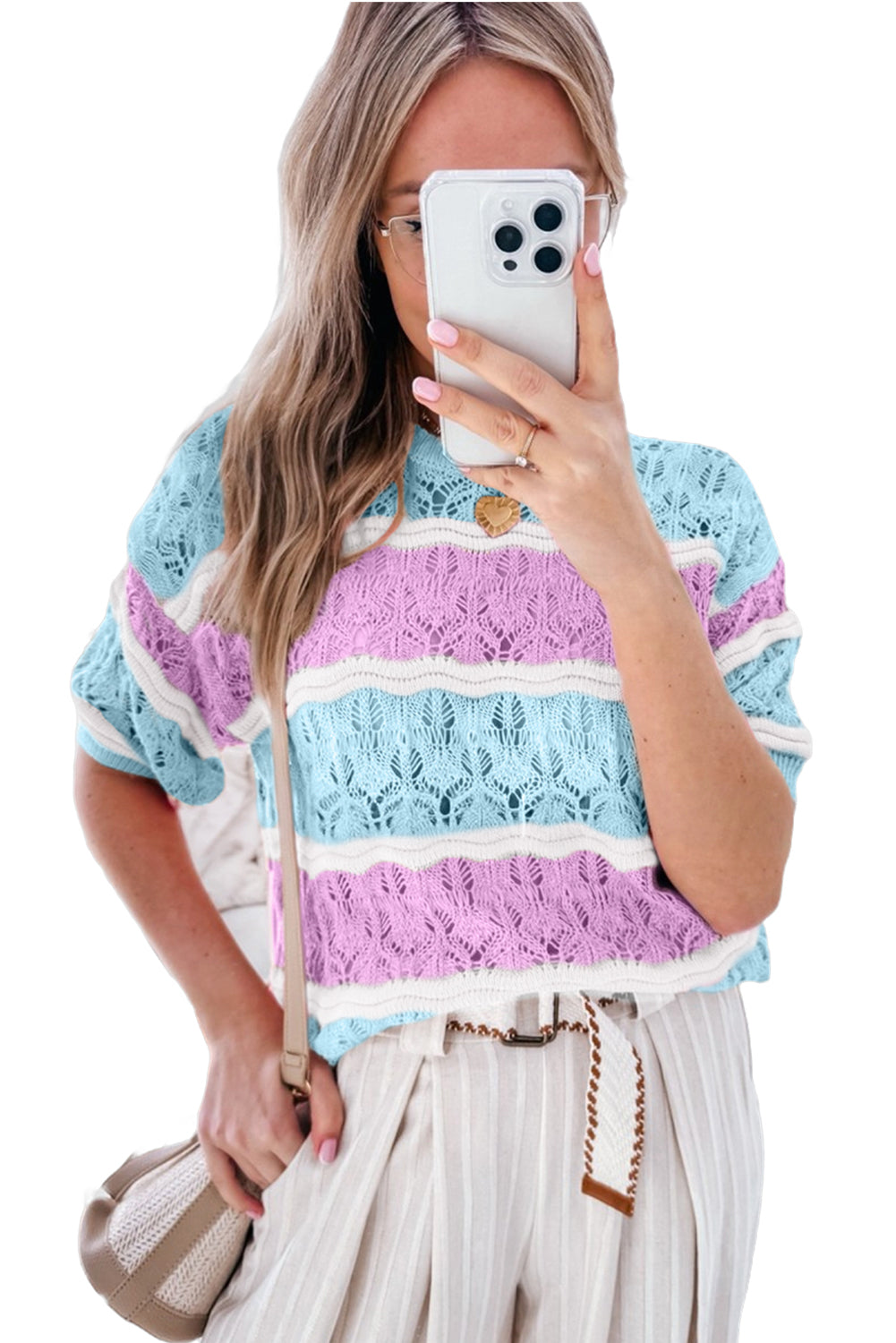Lila streifen farbe block hollow out crochet halbe ärmel pullover