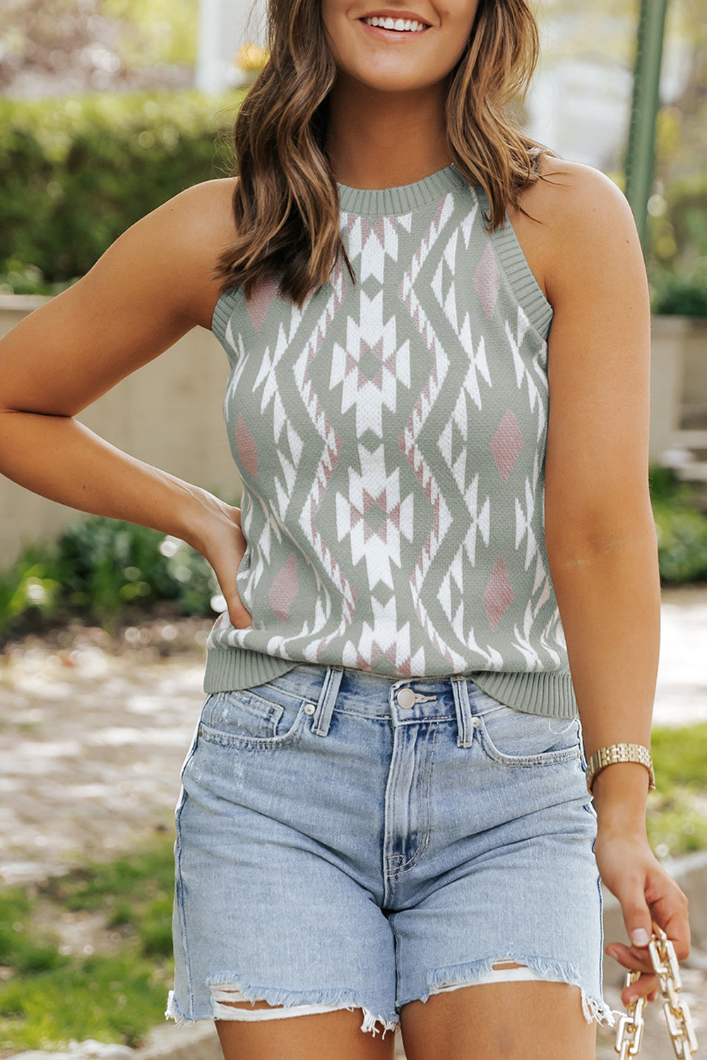 Laurel green western tribal aztekenmuster pullover tank stricken
