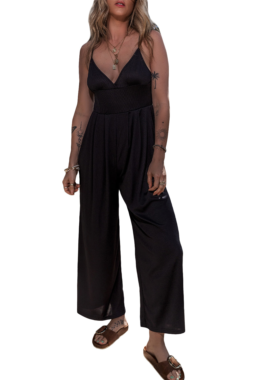 Schwarzes weites bein mit hoher taille sexy v-ausschnitt cami jumpsuit