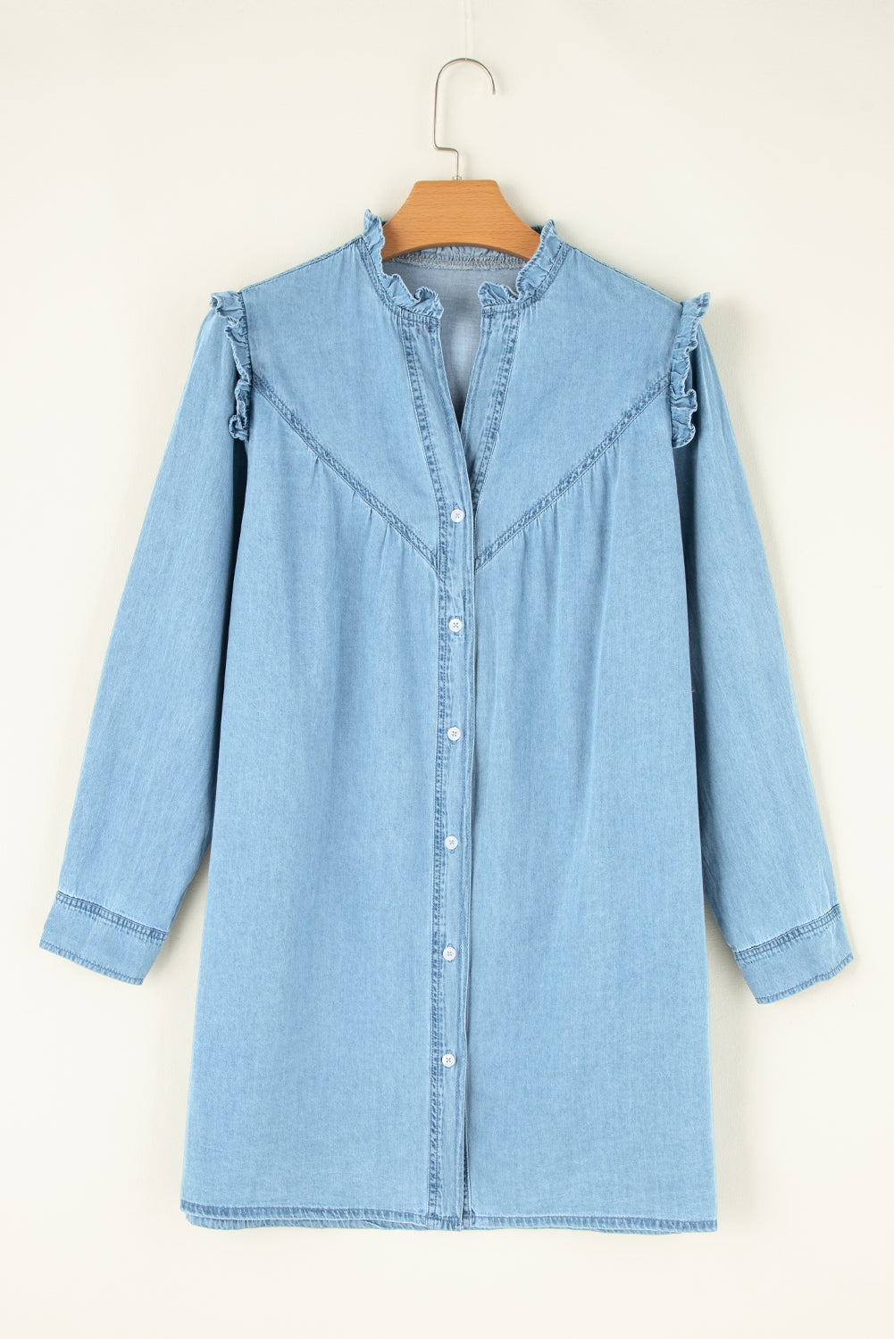 Myosotis Geraffter V-Ausschnitt Geknöpftes Shift-Denim-Kleid