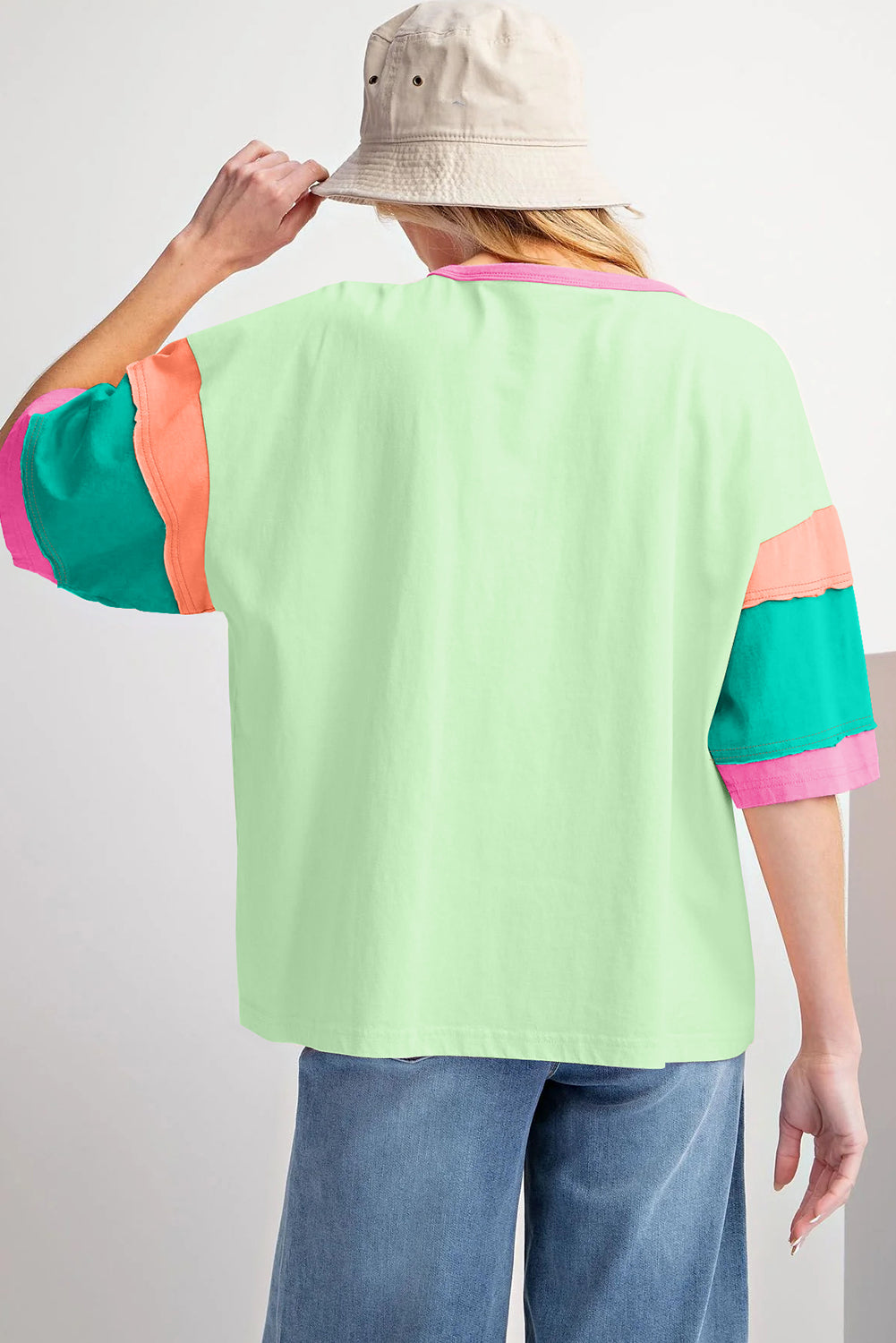 Grün farbe block stitching ärmel rundhalsausschnitt oversize top