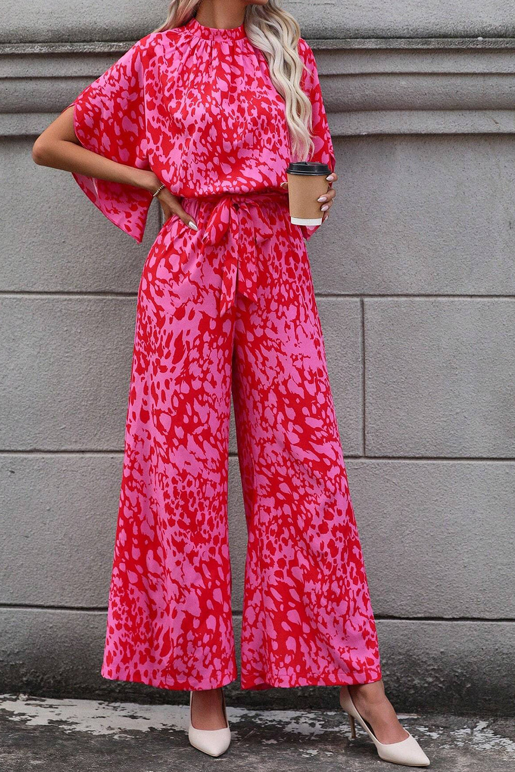 Rose leopard lose ärmel gürtel mit weitem bein jumpsuit