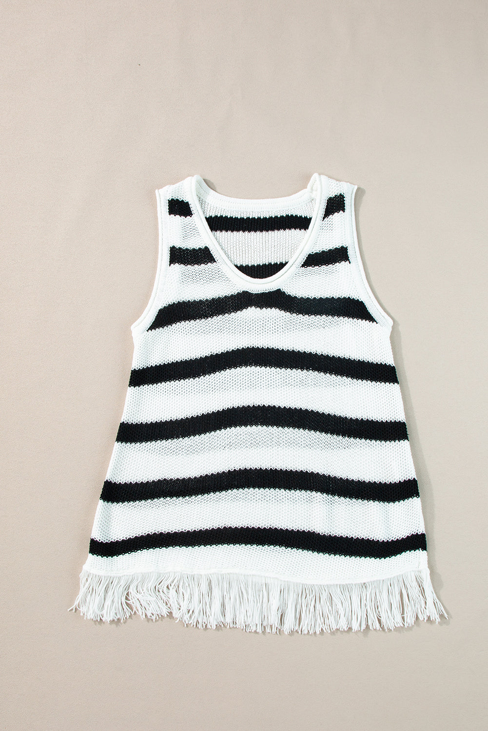Beige gestreiftes, locker gestricktes fransen-top