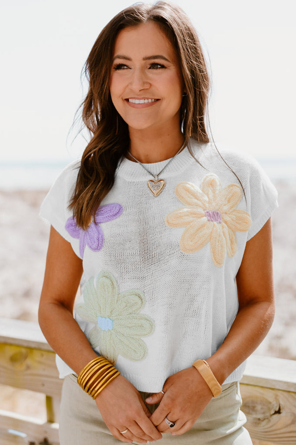 Weiß multi häkeln blume stricken kurze ärmel pullover tops