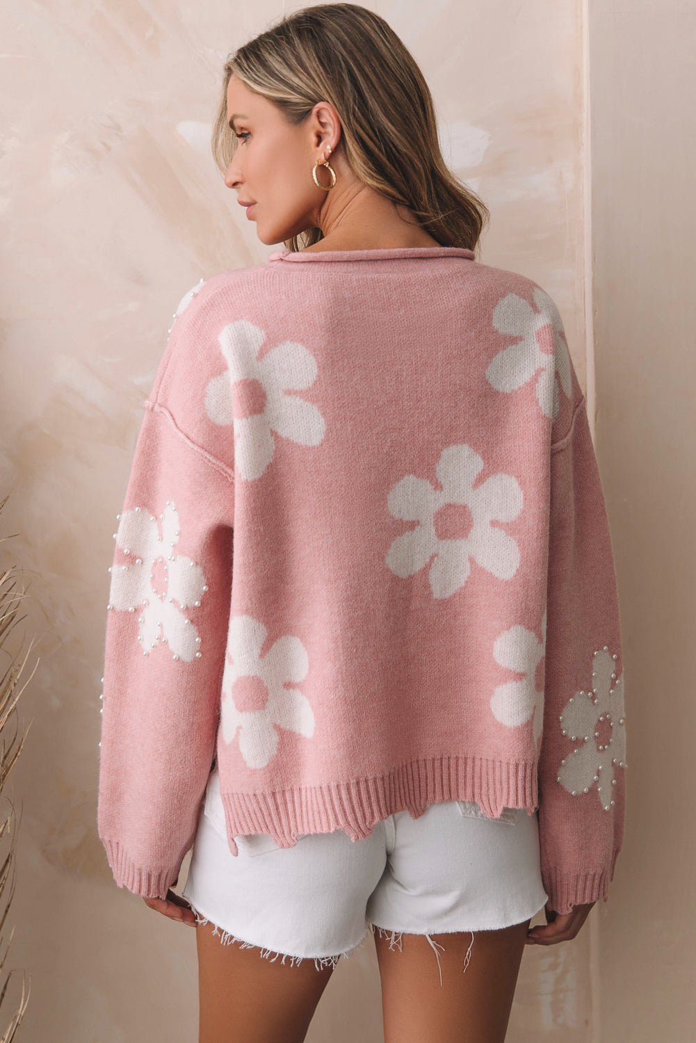 Mehrfarbiger, perlenbesetzter, floraler drop-shoulder-pullover