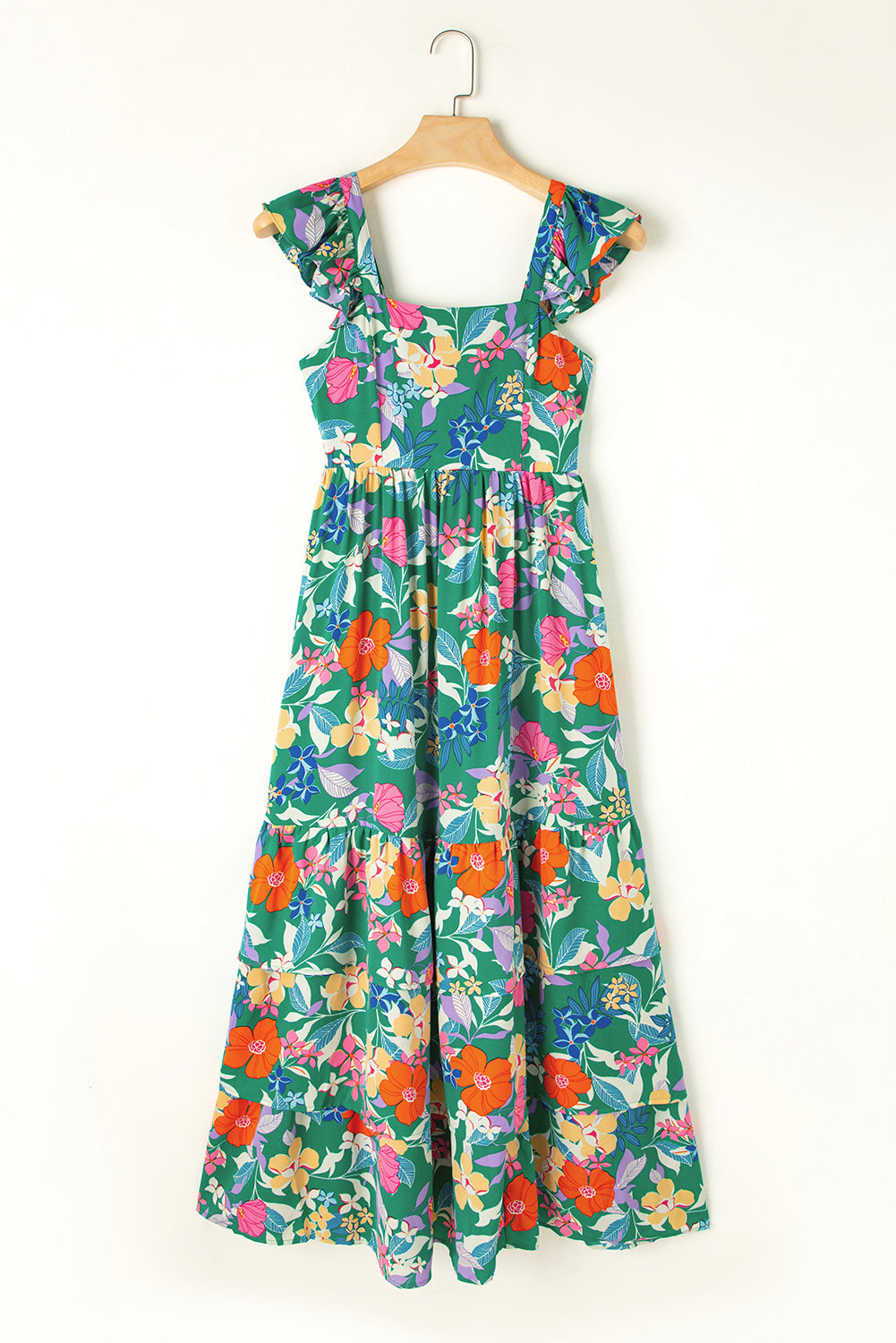 Grünes ärmelloses maxikleid mit blumendruck und rüschenbesatz