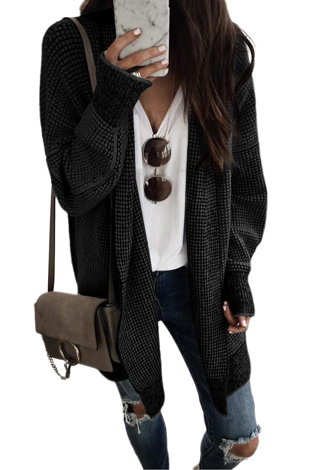 Schwarz karierter strickcardigan mit offener vorderseite