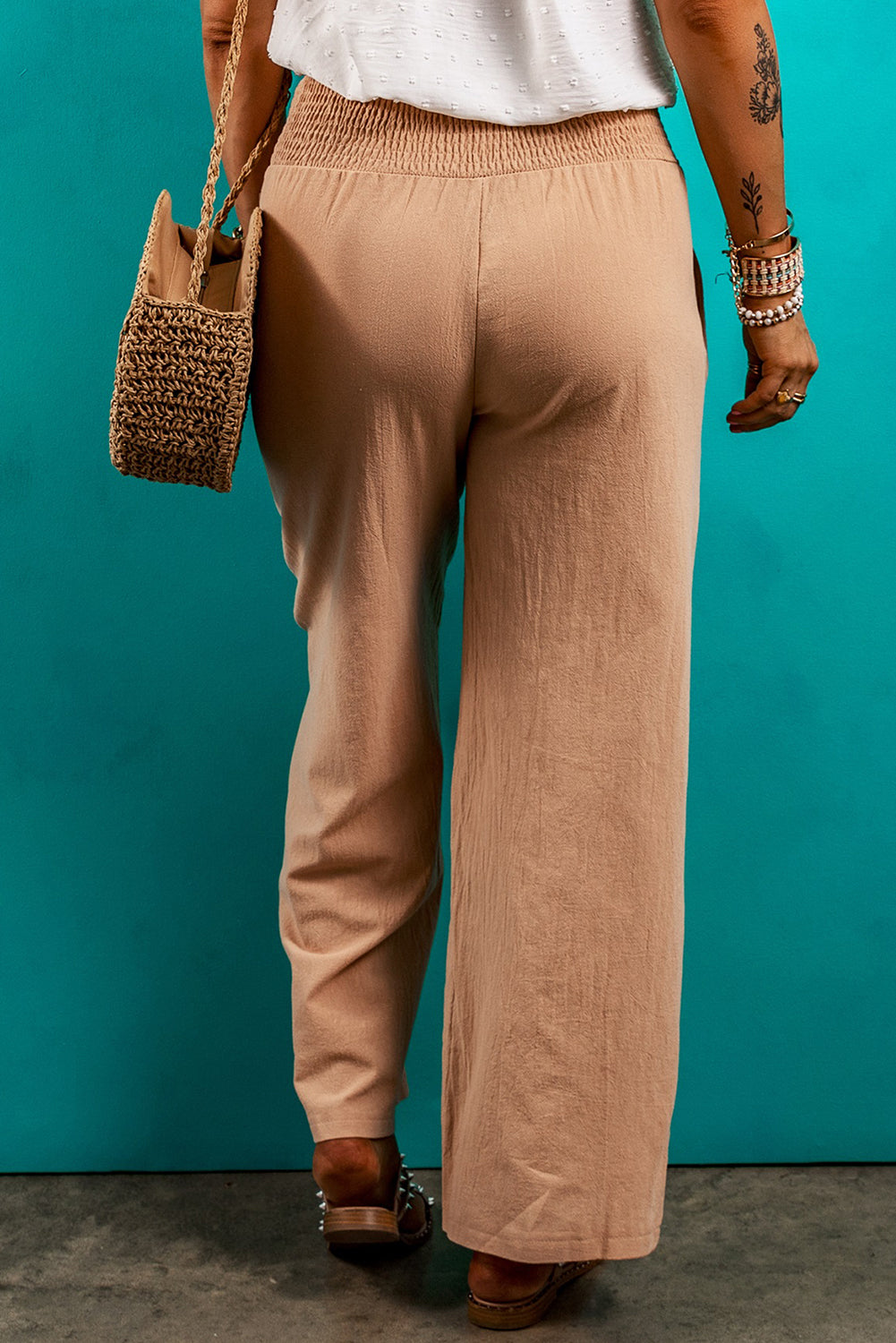 Lehm gesmokte taille lose hose mit geradem bein