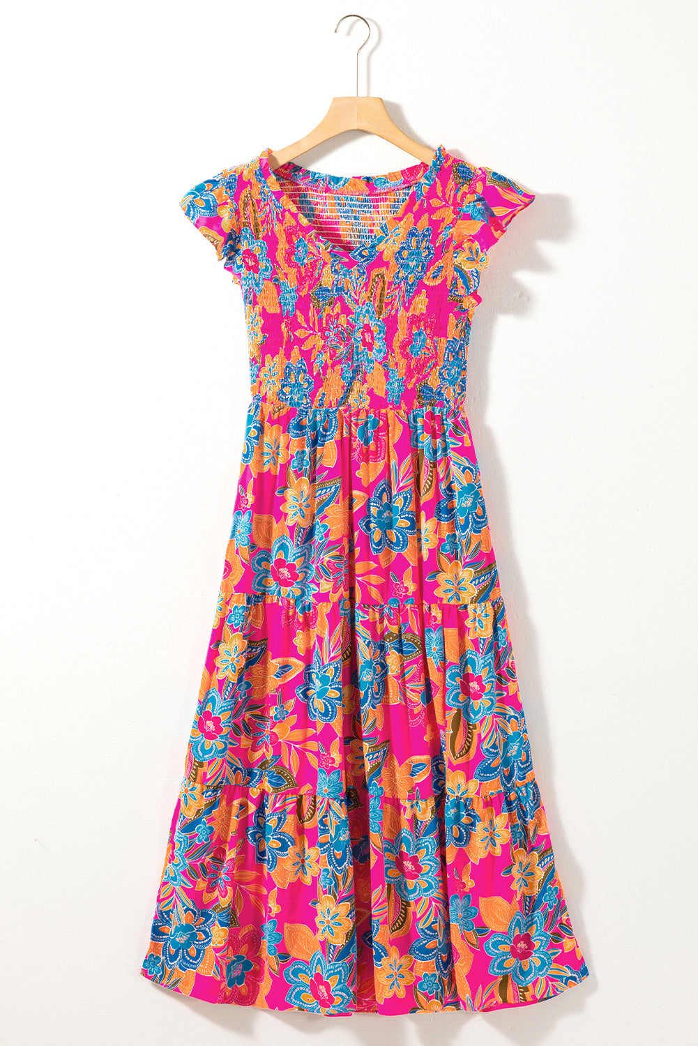 Rosenrot boho floral v-ausschnitt rüschen gestreift langes kleid