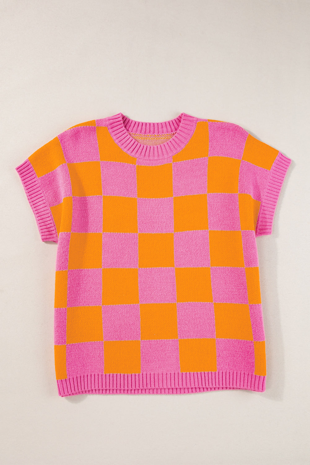 Strawberry pink colorblock plaid pattern ribbed trim sweater tank top
