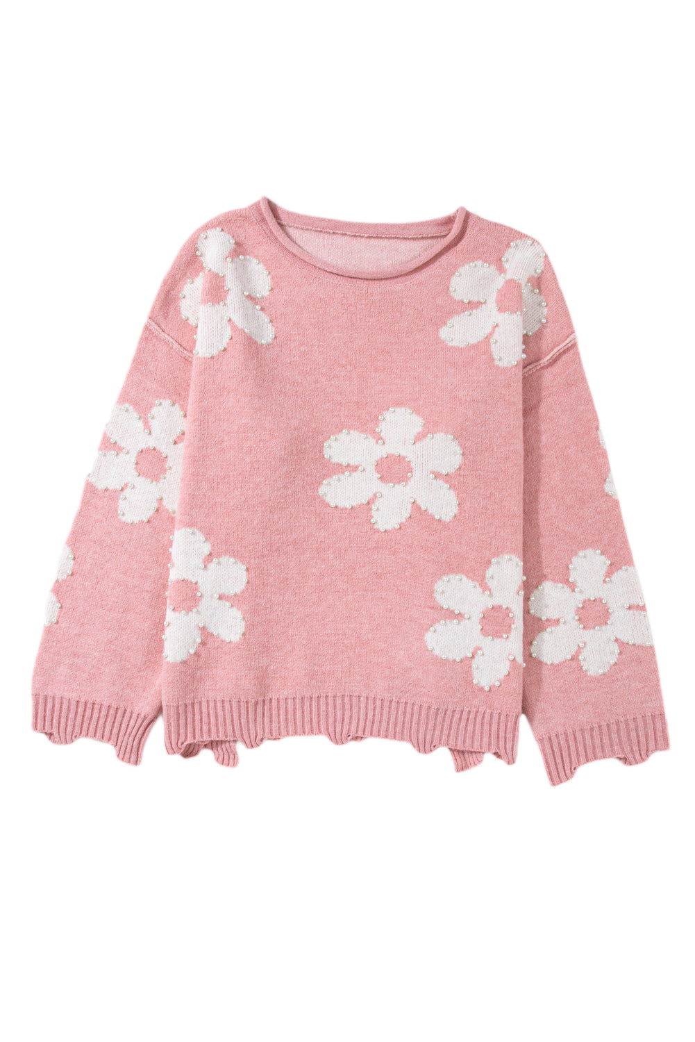 Mehrfarbiger, perlenbesetzter, floraler drop-shoulder-pullover