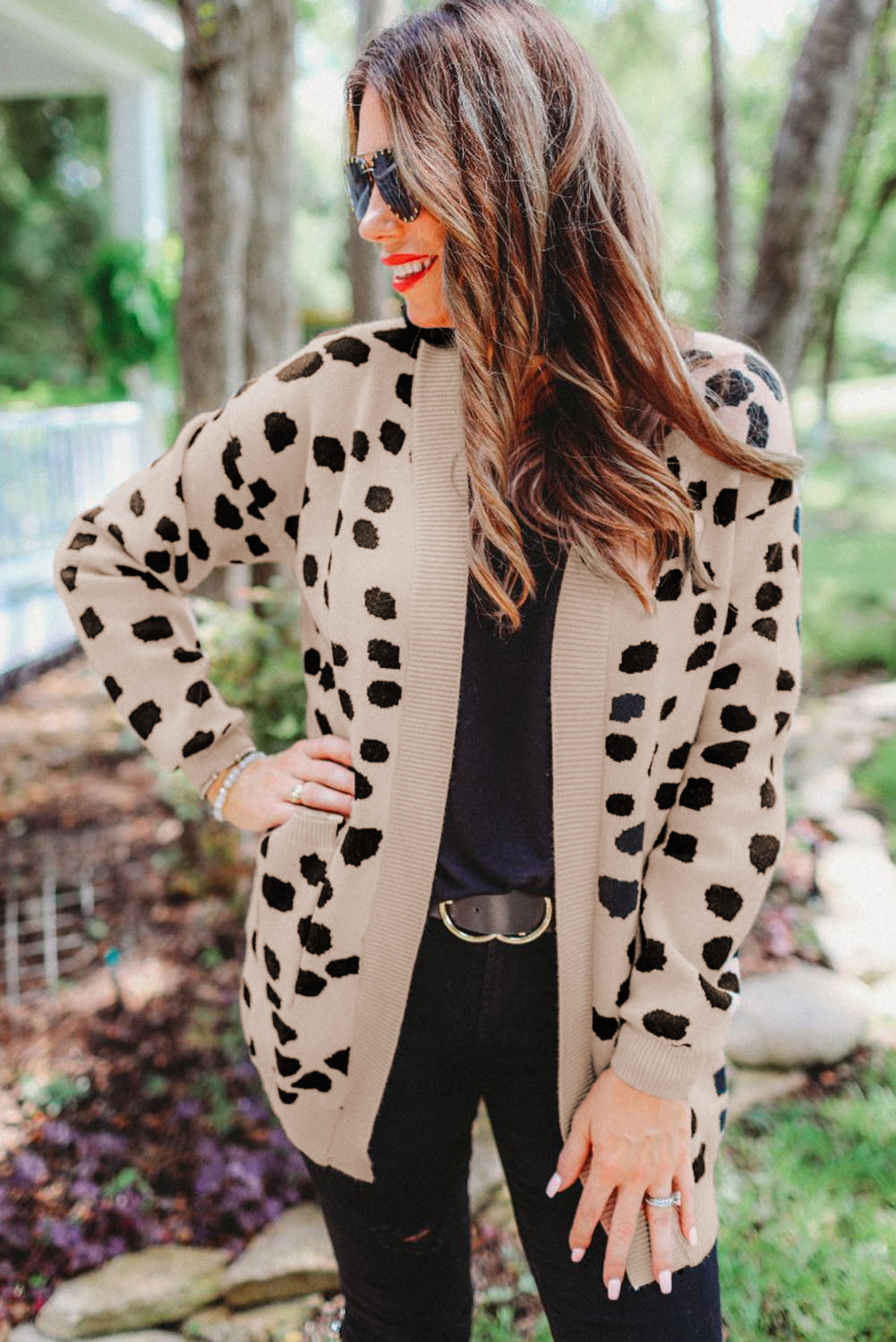 Leopardentier fleckenmuster strickjacke mit offener vorderseite