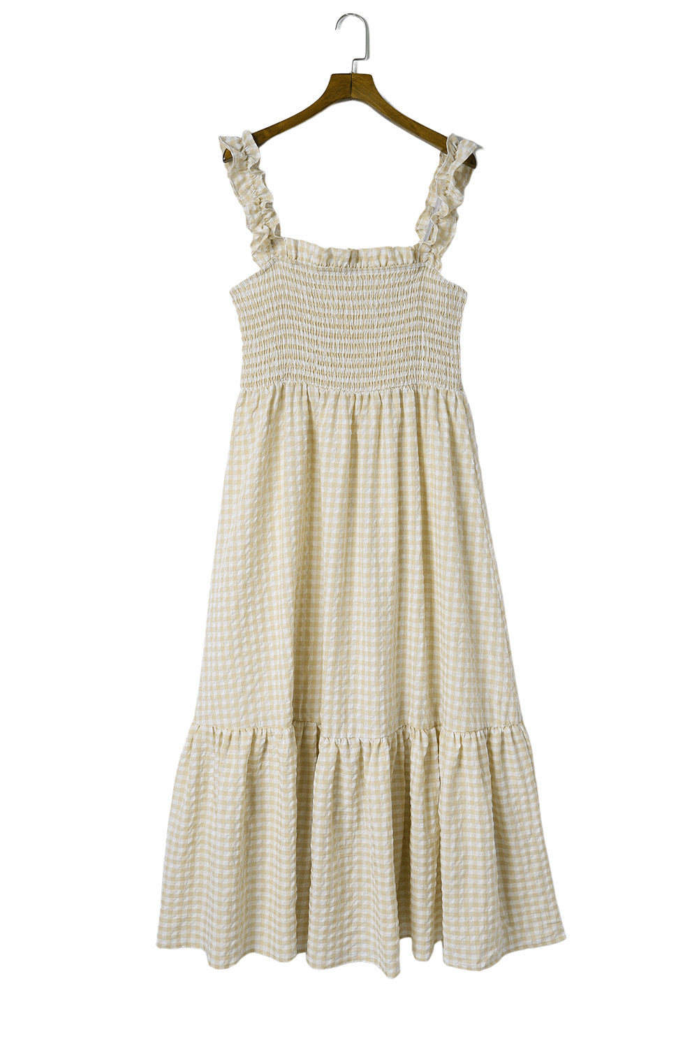 Khaki kariertes Maxikleid mit gerafften Ärmeln und Smokings