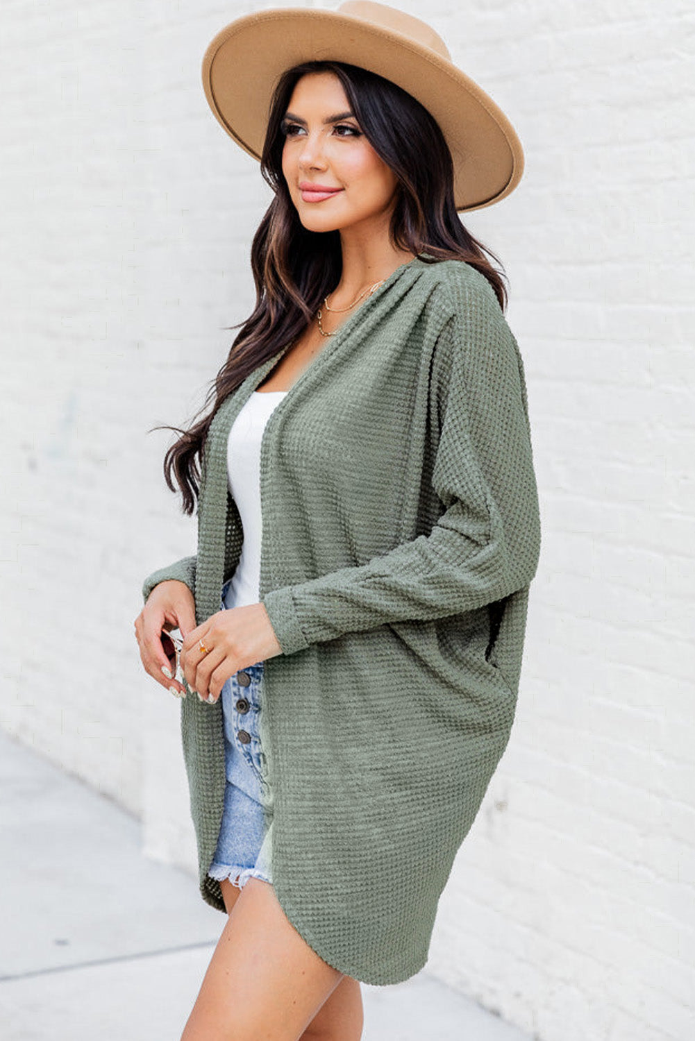 Laurel grüner waffelstrick cardigan mit offener front