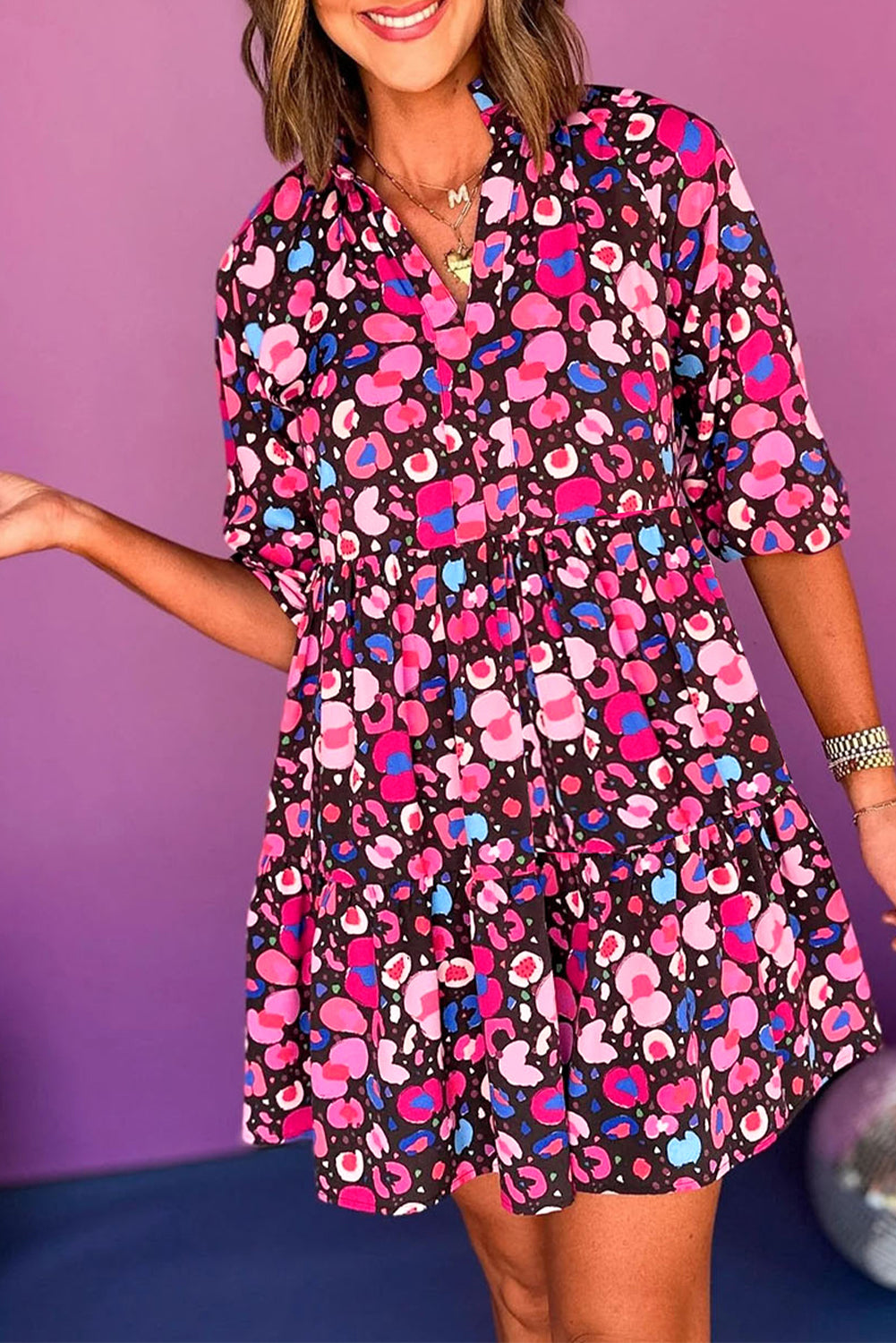 Rose Abstrakt Druck V-Ausschnitt Kragen Halbe Ärmel Kurzes Kleid