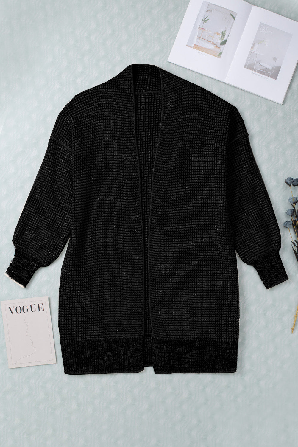 Schwarz karierter strickcardigan mit offener vorderseite