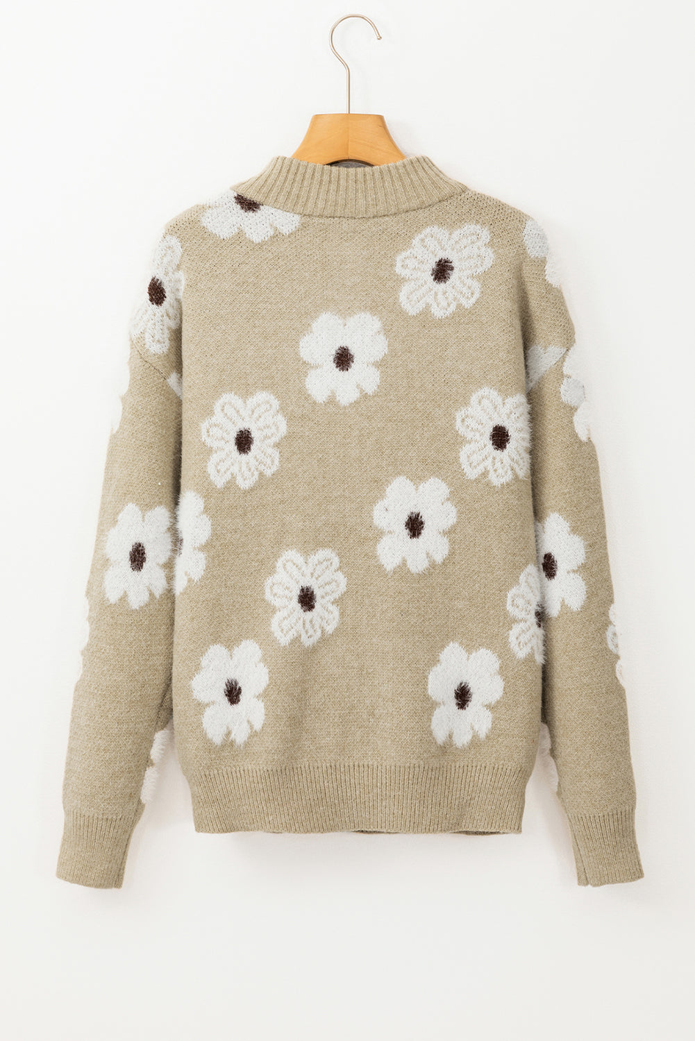 Khakifarbener pullover mit floralem muster und halber öffnung an der schulter