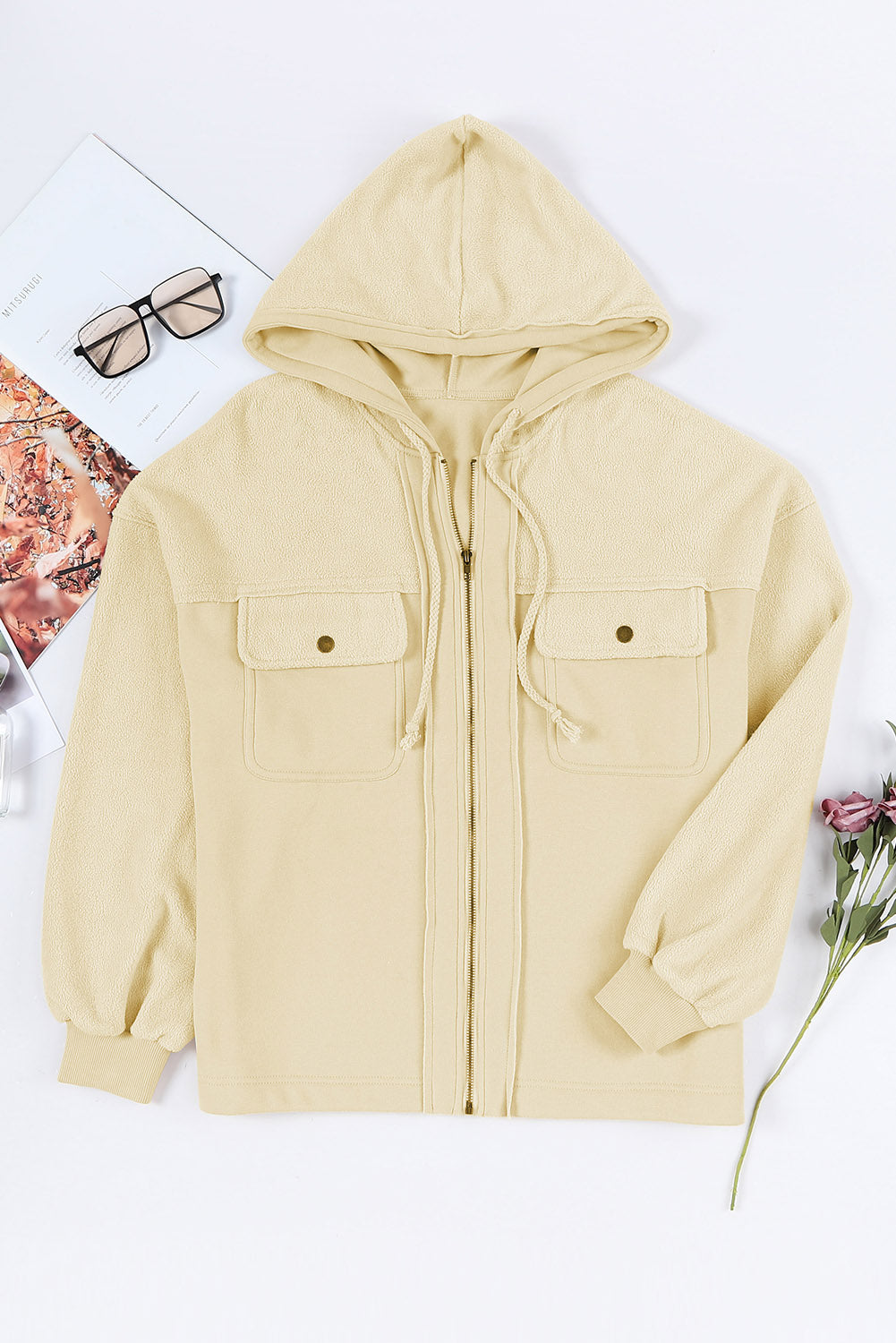 Apricot klappentasche kapuze mit kordelzug zip up jacke