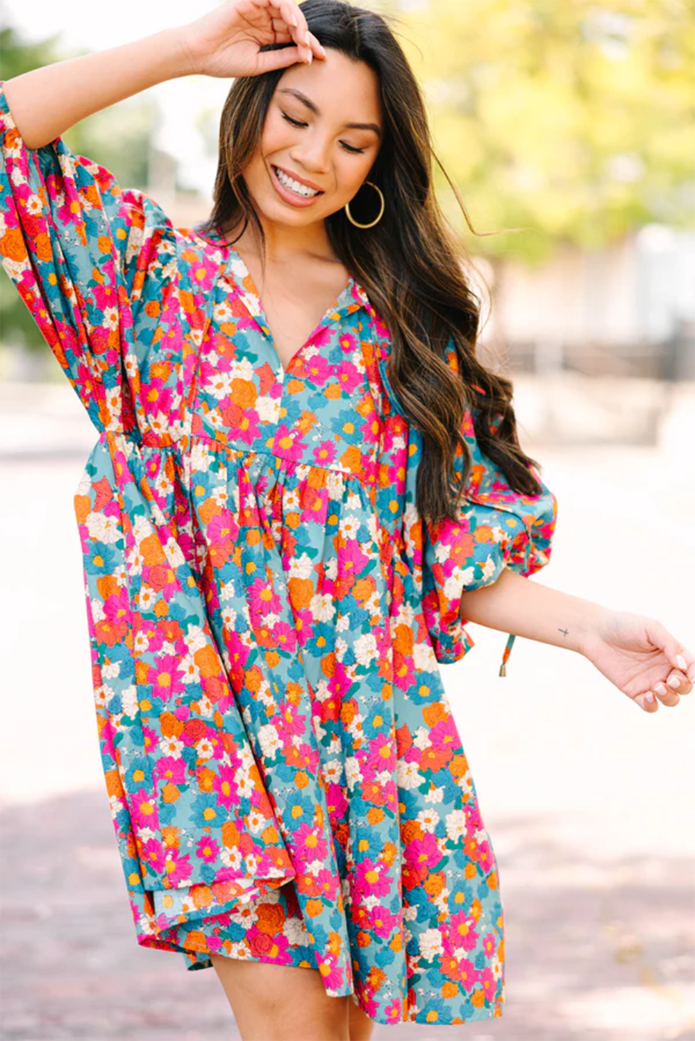 Himmelblau floral print krawatte split neck bubble sleeve babydoll kleid