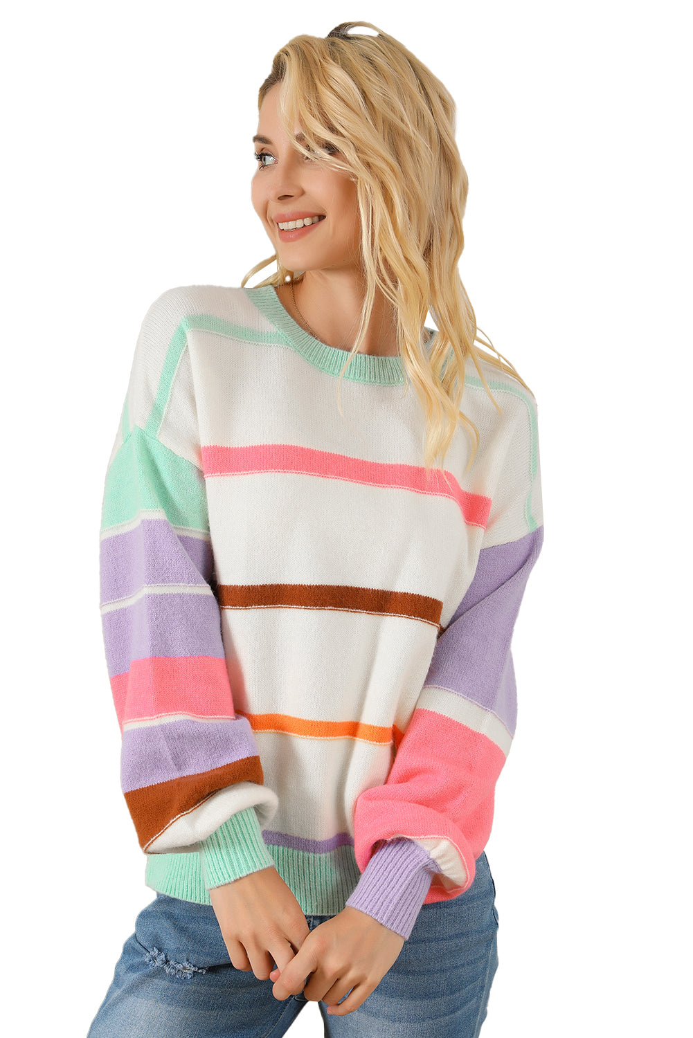 Mehrfarbig gestreifter colorblock pullover mit überschnittenen schultern