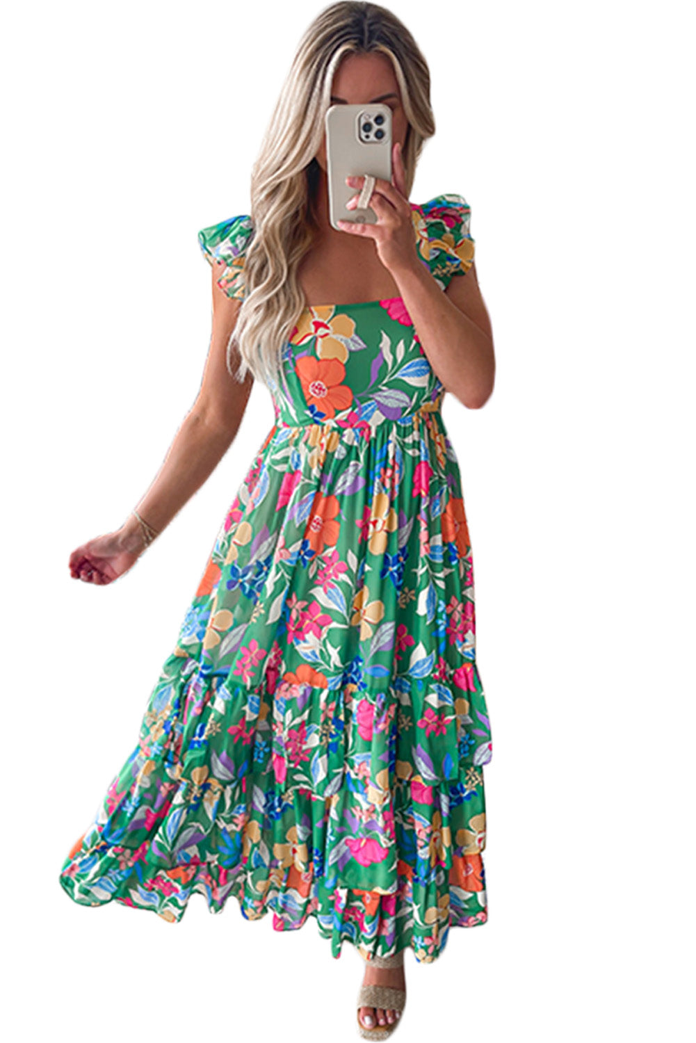 Grünes ärmelloses maxikleid mit blumendruck und rüschenbesatz