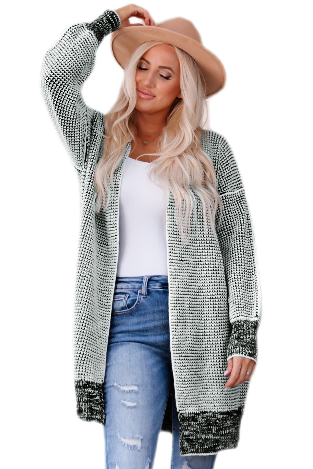 Graue karierte strickjacke mit offener vorderseite
