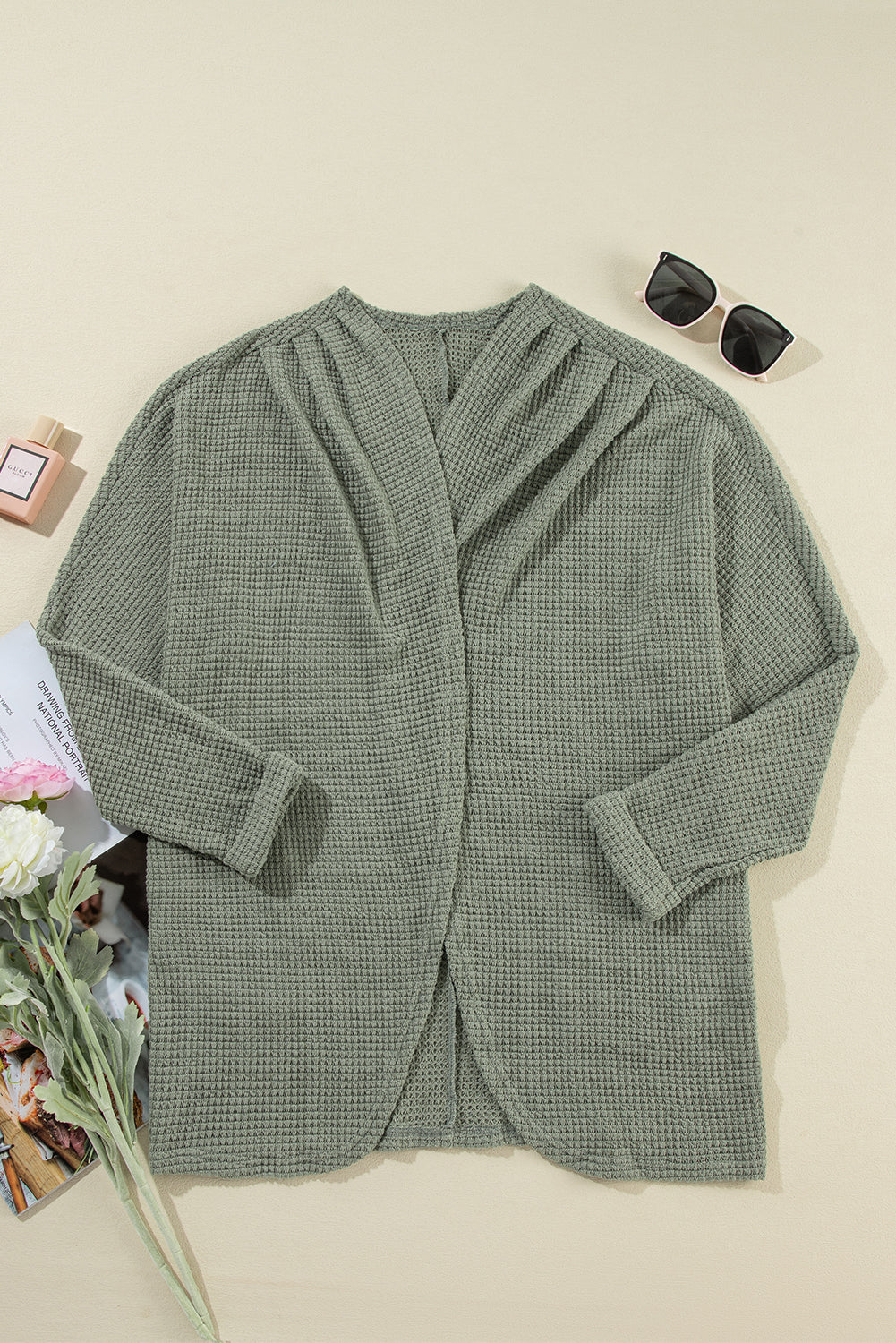 Laurel grüner waffelstrick cardigan mit offener front