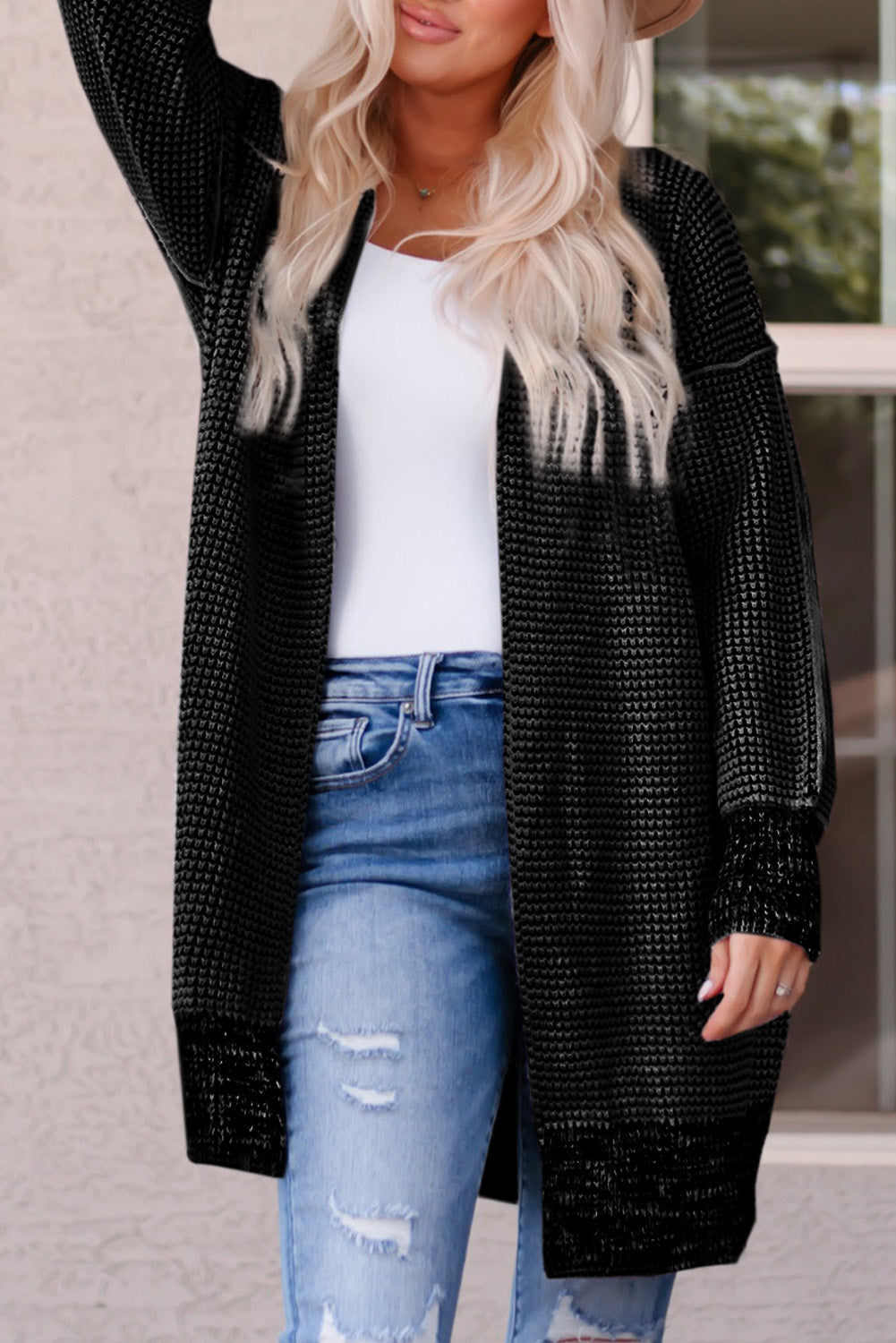 Schwarz karierter strickcardigan mit offener vorderseite