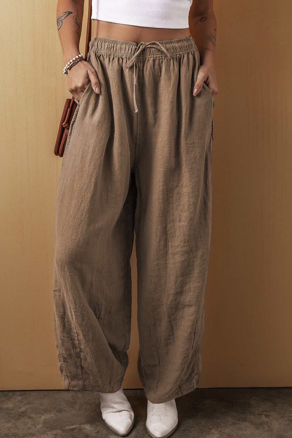 Wüstenpalme baumwolle leinen hose mit weitem bein und kordelzug an der taille