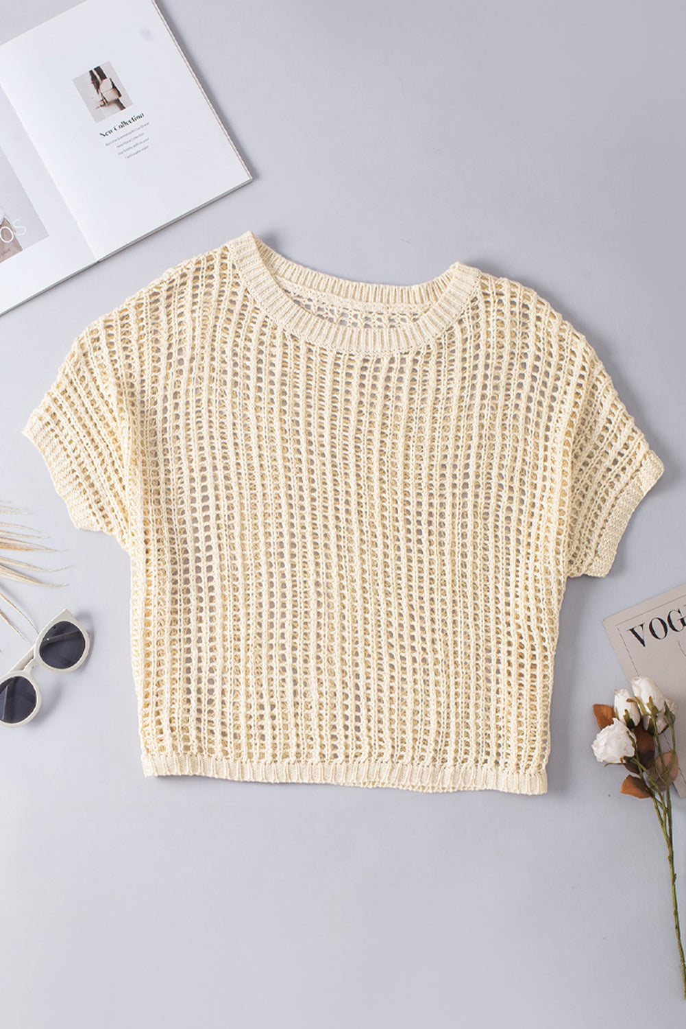 Apricot fischnetz strick gerippt rundhalsausschnitt kurzarm pullover tee