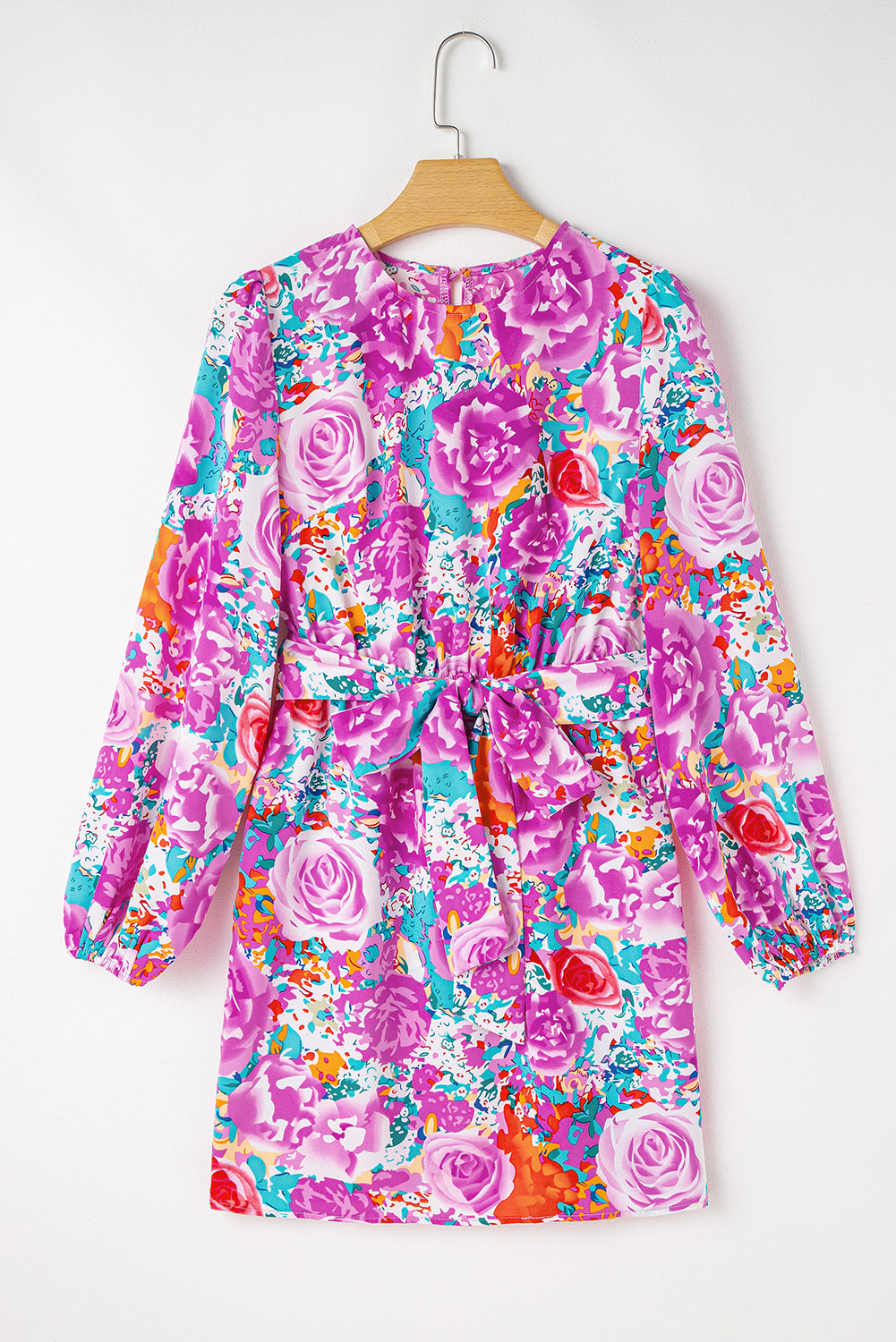 Lila floral keyhole back langärmeliges kleid mit gürtel