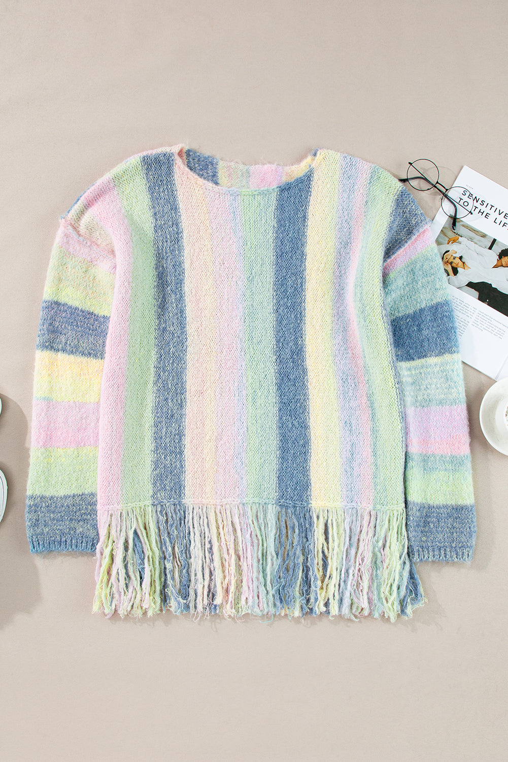 Lila farbe block fransen drop shoulder tunika pullover