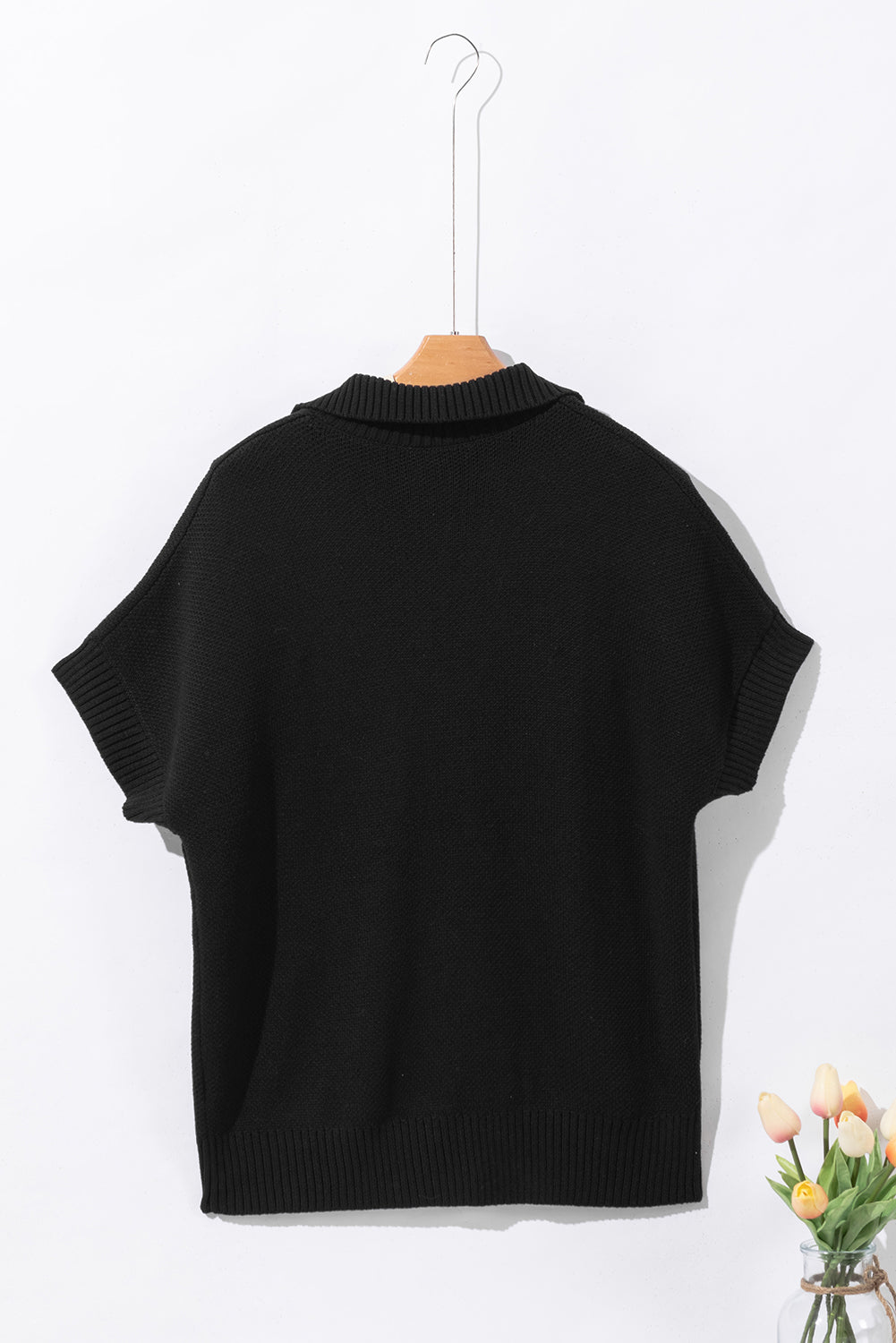 Schwarzer quarter zip pullover mit kurzen fledermausärmeln