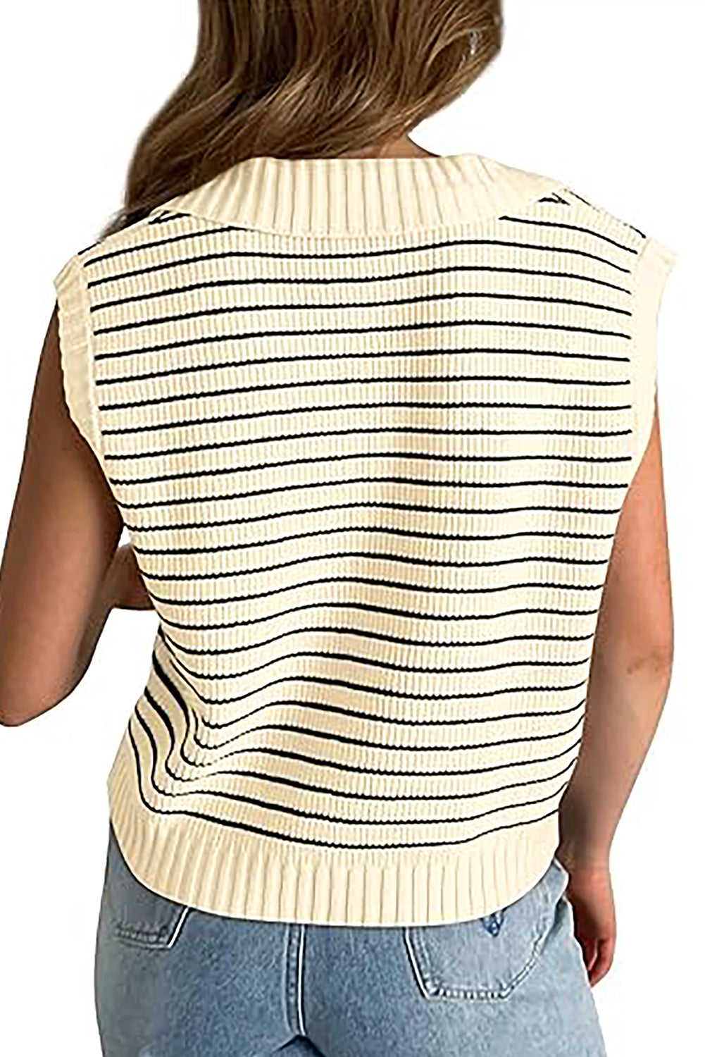 Beige gestreiftes pullover-tank-top mit v-ausschnitt